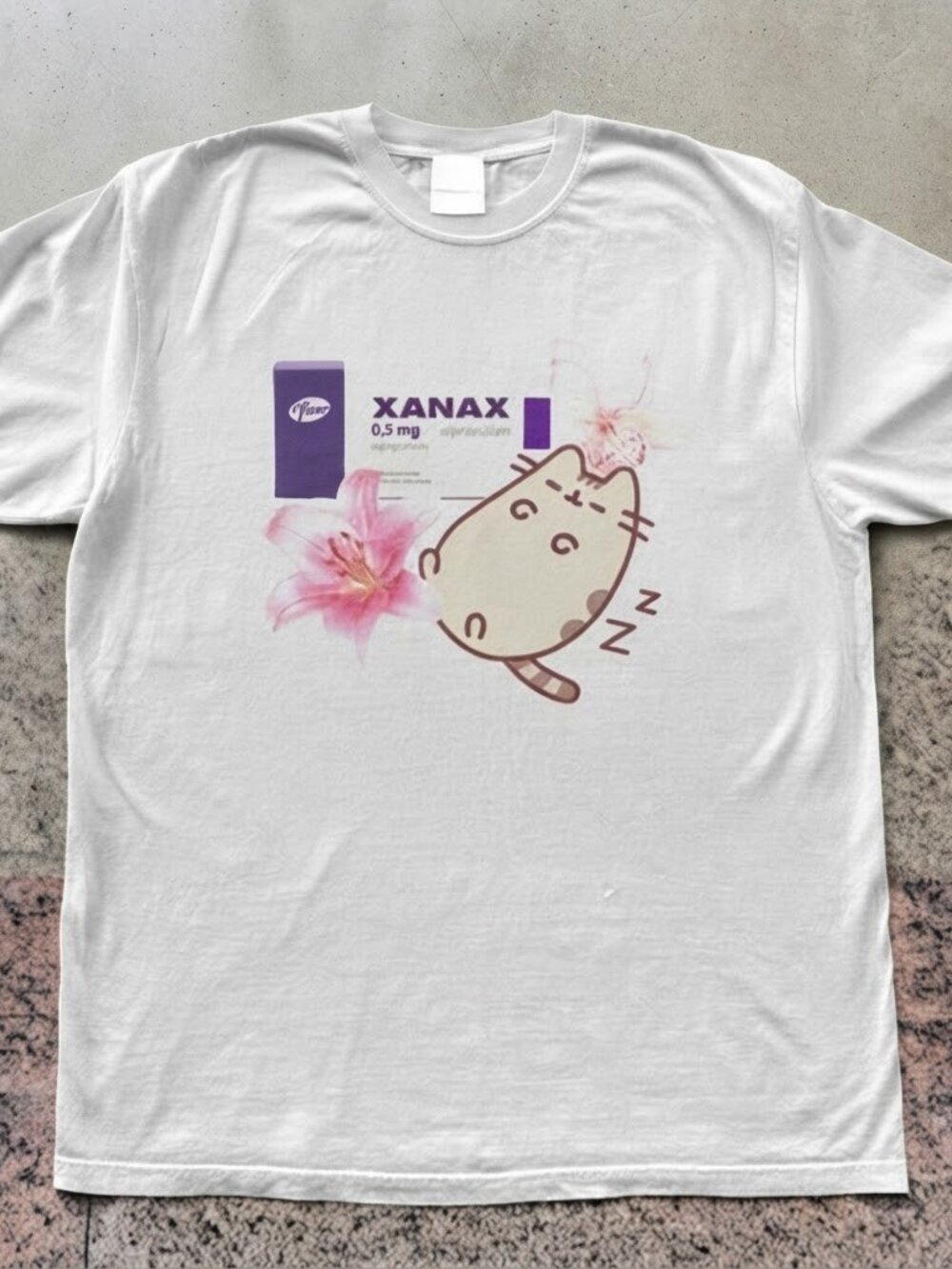 Xanax Alprazolam Sleepy Cat Pink Flower White Cotton T-Shirt Unisex